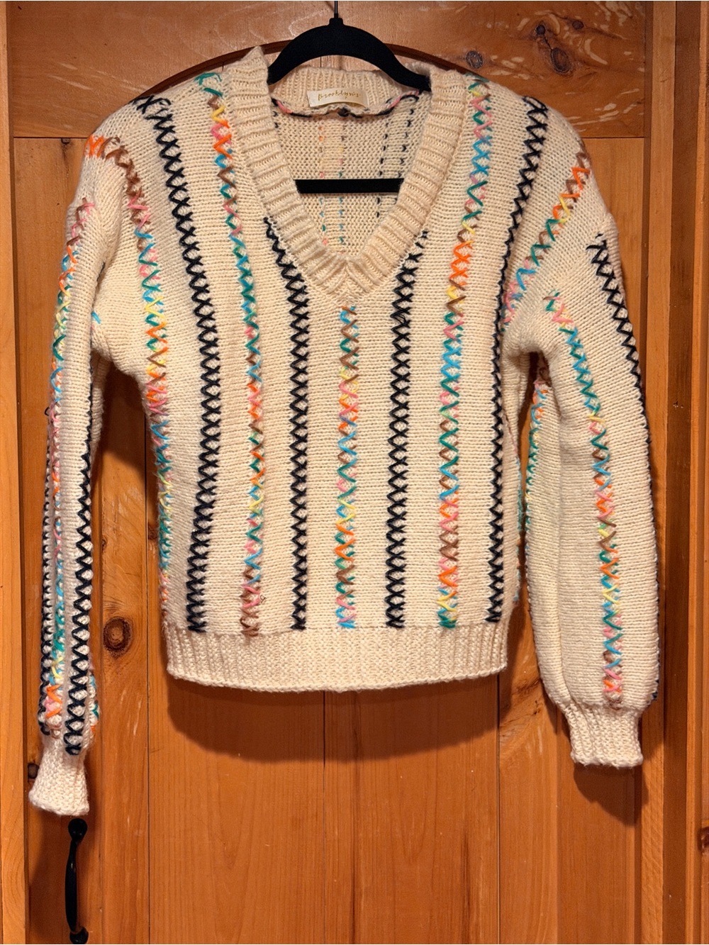 Chicwish Cream V-Neck Sweater with Multicolor Stitching